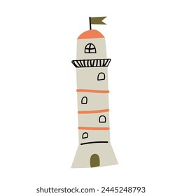Lindo faro de dibujos animados - Ilustración vectorial náutica de construcción de mar. La Ilustración vectorial se puede utilizar para el Anuncio del bebé, tarjeta de felicitación, invitación para los niños fiesta del mar, impresión textil o póster. 