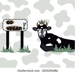 Cute cartoon like editable illustration of a black cow next to a wooden sign with text "Go Vegan". Cow vector with veganism concept Artwork