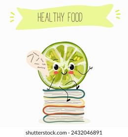 Cute cartoon lime character reciting poetry, reading a poem, sitting astride a stack of books, attributes of a writer. Flat vector illustration, funny fruits. Organic food.