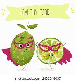 Cute  cartoon lime fruit characters with different activities. Flat vector illustration, funny fruits. Organic food.