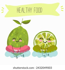 Personajes lindos de la fruta de la cal de la historieta con diferentes actividades. Ilustración vectorial plana, frutas divertidas. Comida orgánica.