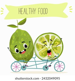Cute  cartoon lime fruit characters with different activities. Flat vector illustration, funny fruits. Organic food.