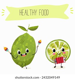 Cute  cartoon lime fruit characters with different activities. Flat vector illustration, funny fruits. Organic food.