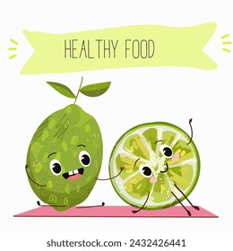 Niedliche Cartoon-Limetten-Frucht-Charaktere mit verschiedenen Aktivitäten. Flache Vektor-Illustration, lustige Früchte. Bio-Lebensmittel.