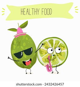 Cute  cartoon lime fruit characters with different activities. Flat vector illustration, funny fruits. Organic food.