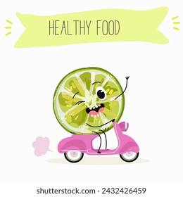 Cute  cartoon lime fruit characters with different activities. Flat vector illustration, funny fruits. Organic food.