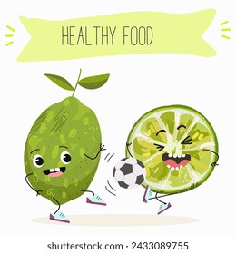 Cute  cartoon lime fruit characters with different activities. Flat vector illustration, funny fruits. Organic food.