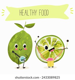 Cute  cartoon lime fruit characters with different activities. Flat vector illustration, funny fruits. Organic food.