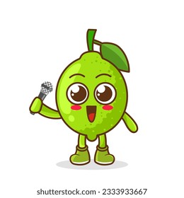 Caricatura corta cantante de fruta sosteniendo un micrófono