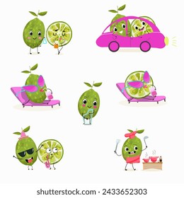 Cute cartoon limes characters set, collection. Flat vector illustration. Activities, playing musical instruments, sports, funny fruits.