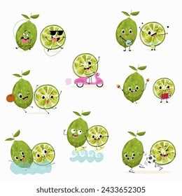 Cute cartoon limes characters set, collection. Flat vector illustration. Activities, playing musical instruments, sports, funny fruits.