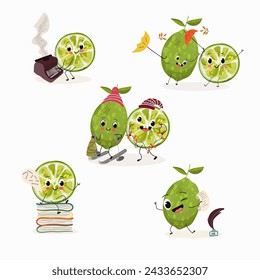 Cute cartoon limes characters set, collection. Flat vector illustration. Activities, playing musical instruments, sports, funny fruits.
