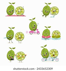 Cute cartoon limes characters set, collection. Flat vector illustration. Activities, playing musical instruments, sports, funny fruits.