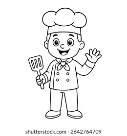 Lindos desenhos animados Arte de um menino Chef acenando e segurando uma espátula no vetor uniforme de cozinha