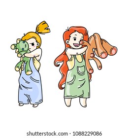 Cute cartoon lined kids. Vector and illustration.