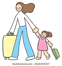 Cute cartoon lines of mother and daughter on a happy day.