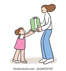 Cute cartoon lines of mother and daughter on a happy day.