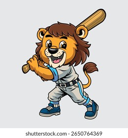 Cute cartoon lion in baseball outfit holding a bat in character illustration