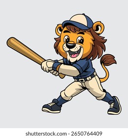 Cute cartoon Lion in a baseball uniform holding a bat character illustration