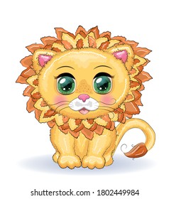 Cute cartoon lion with big eyes in a children s bright style isolated on white background