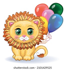 Cute cartoon lion with big eyes in a children's bright style with balloons, greeting card