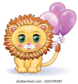 Cute cartoon lion with big eyes in a children's bright style with balloons, greeting card