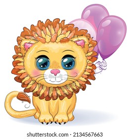 Cute cartoon lion with big eyes in a children's bright style with balloons, greeting card