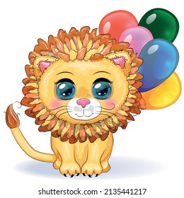 Cute cartoon lion with big eyes in a children's bright style with balloons, greeting card