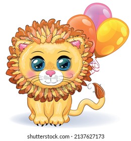 Cute cartoon lion with big eyes in a children's bright style with balloons, greeting card