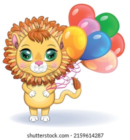 Cute cartoon lion with big eyes in a children's bright style with balloons, greeting card