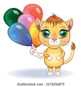 Cute cartoon lion with big eyes in a children's bright style with balloons, greeting card