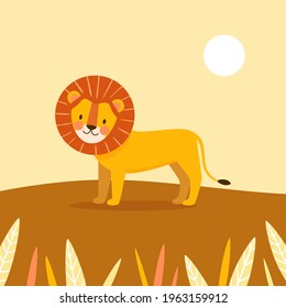 Cute cartoon lion with big fur orange mane and long tail stands on savannah hill. Vector kawaii illustration of african wild cat for kids cards, prints, posters