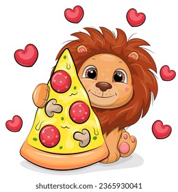 Cute cartoon lion with a big piece of pizza. Vector illustration of animal on a white background with red hearts.