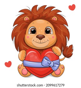Cute cartoon lion with a big red heart. Vector illustration of animals on a white background.