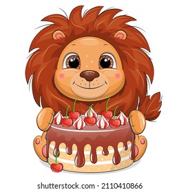 León de dibujos animados con un pastel. Ilustración vectorial de un animal sobre un fondo blanco.