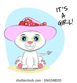 Cute cartoon lion in cap with lettering Its a Girl. Graphics for t-shirts. Greeting card. Vector