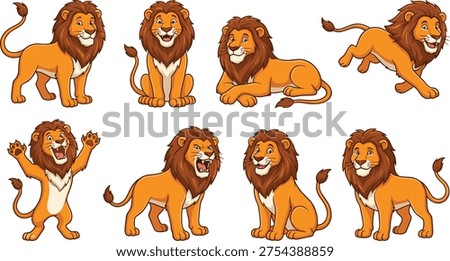Cute cartoon lion character set with multiple poses, expressions, sitting, standing, roaring, jumping, playful mascot illustration isolated white background collection