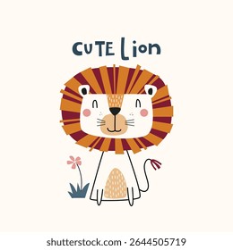 Cute cartoon lion, childish and playful posters. Vector Illustration for textile, clothing, kids room decoration, kindergarten background, kids poster decoration, book cover, apparel and others