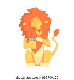 Cute cartoon lion combing its mane colorful character, animal grooming vector Illustration