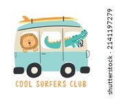 cute cartoon lion and crocodile driving a surf van