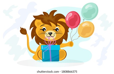 
Cute cartoon  lion cub with gift box and bright color balloons.
For greeting cards, flyers, labels.
Decorative vector design.