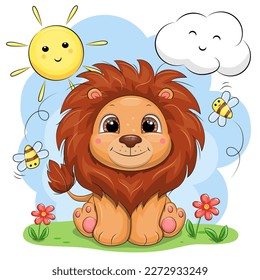 Cute cartoon lion cub in nature. Spring vector illustration of an animal with flowers and bees on a blue background with sun and cloud.