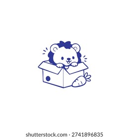 A cute cartoon lion cub peeks out of a cardboard box next to a carrot.
