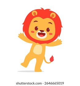 Cute Cartoon Lion Cub Standing on One Leg and Waving Hello with a Smiling Expression