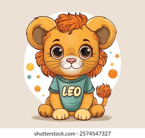 Cute cartoon lion cub in a T-shirt with the inscription LEO. Children's illustration in light gentle colors