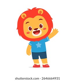 Filhote de leão de desenhos animados bonito acenando Olá e sorrindo com uma estrela T Shirt isolado no branco