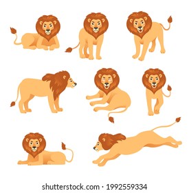 Cute cartoon lion in different poses vector illustration set. Happy orange-colored feline animal walking, lying, jumping, sitting and roaring. Wild animal, king concept