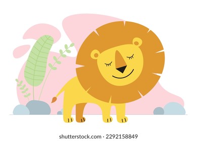 Cute cartoon lion. Drawing african baby wild smiling character. Kind smiling jungle safari animal. Vector eps creative graphic hand drawn print