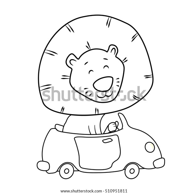 Cute cartoon lion driving a car. Coloring page for\
kids. Outline drawing. Line art lion design. King of jungle contour\
coloring page. Funny cool awesome cartoon lion. Lion character\
design. Lion car.