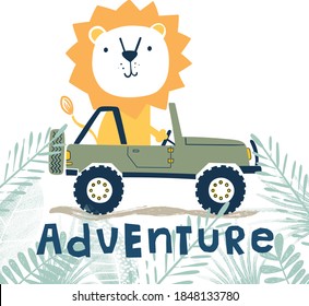 Cute Cartoon Lion Driving A Off Road Truck Illustration For Kids Apparels